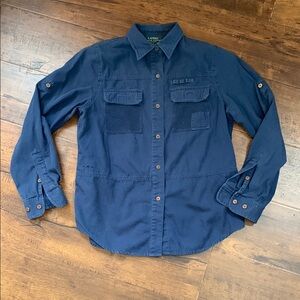Lauren by Ralph Lauren Navy Blue Petite Roll Tab Button Up Classic Vintage Shirt